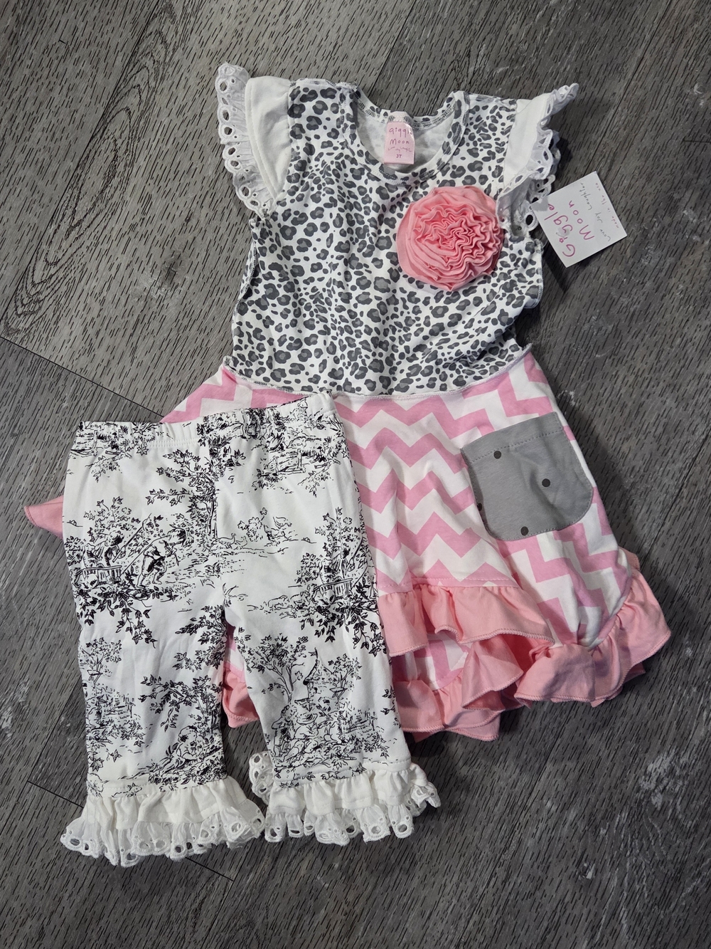 Giggle Moon Pink White Gray Animal Print Chevron Dress & Leggings Set